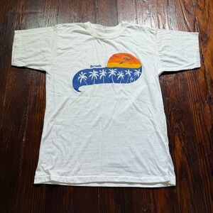 Vintage 90s Bermuda Shirt Mens Small White Palm Tree Sunset Single Stitch